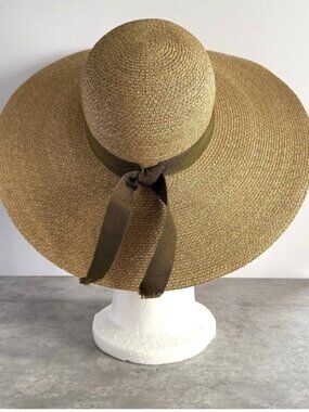 Saks Fifth Avenue Raffia Hat Made in Italy; Tan with Green Grosgrain Ribbon